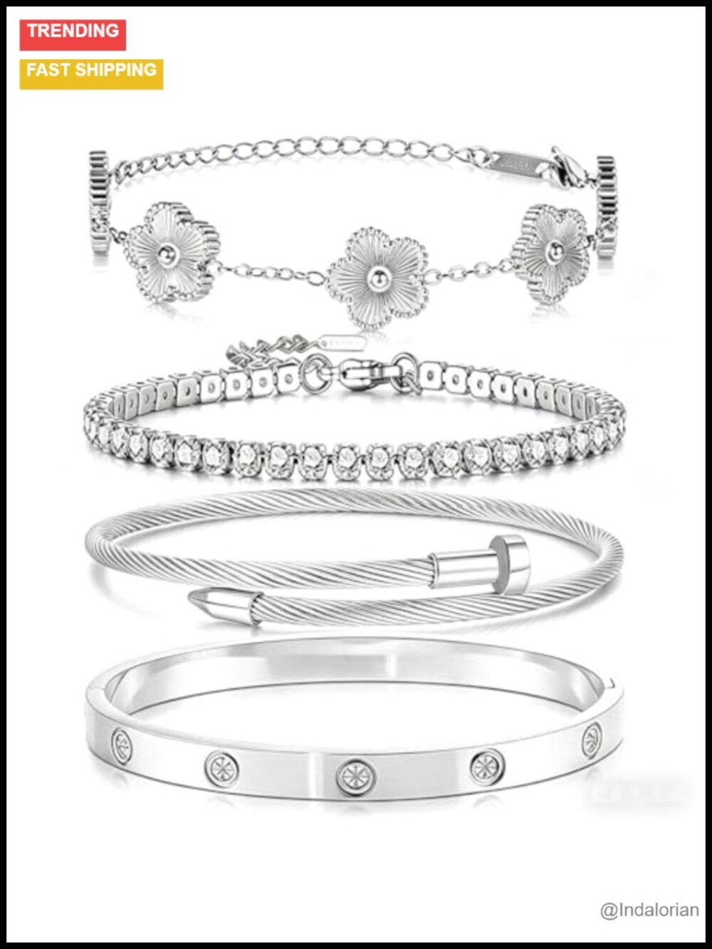 18K Gold Plated Floral Clover Stackable Bracelet Set Stainless Steel Non